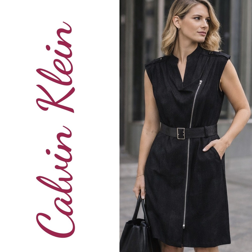 Calvin Klein Black Sleeveless Belted Dress Asym Zip Minimalist‎ Y2K, Size M